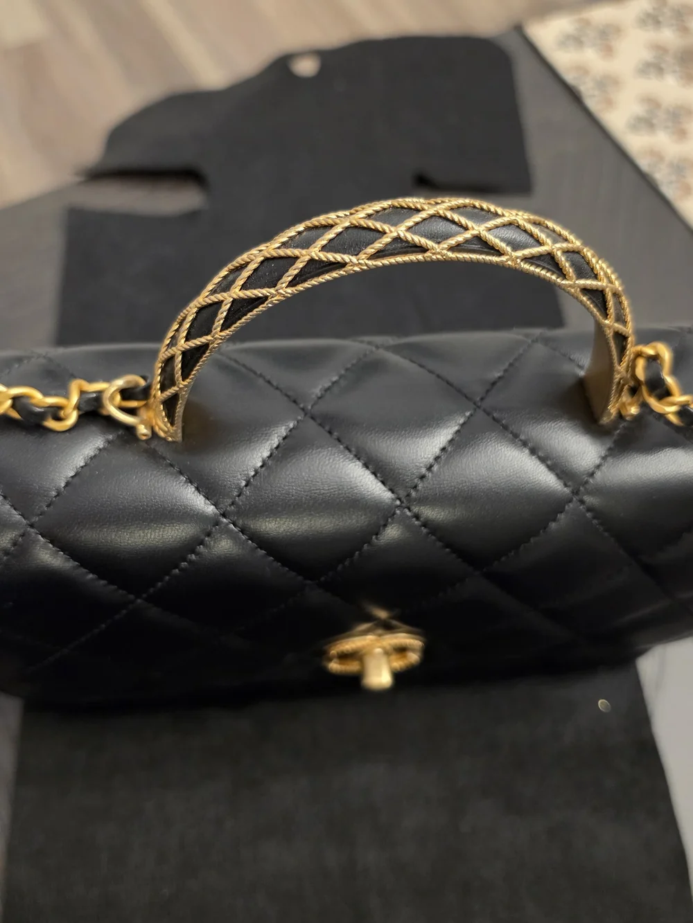CHANEL Black Quilted Leather Top Handle Shoulder Bag with Gold Hardware